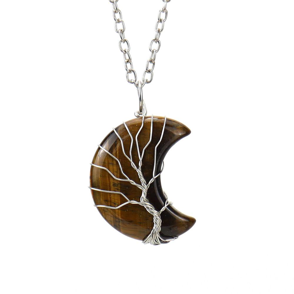 Natural Stone Amethyst Moon Tree Of Life Pendant Necklace, Wound And Wound Handmade Fortune Tree Crystal Necklace N571
