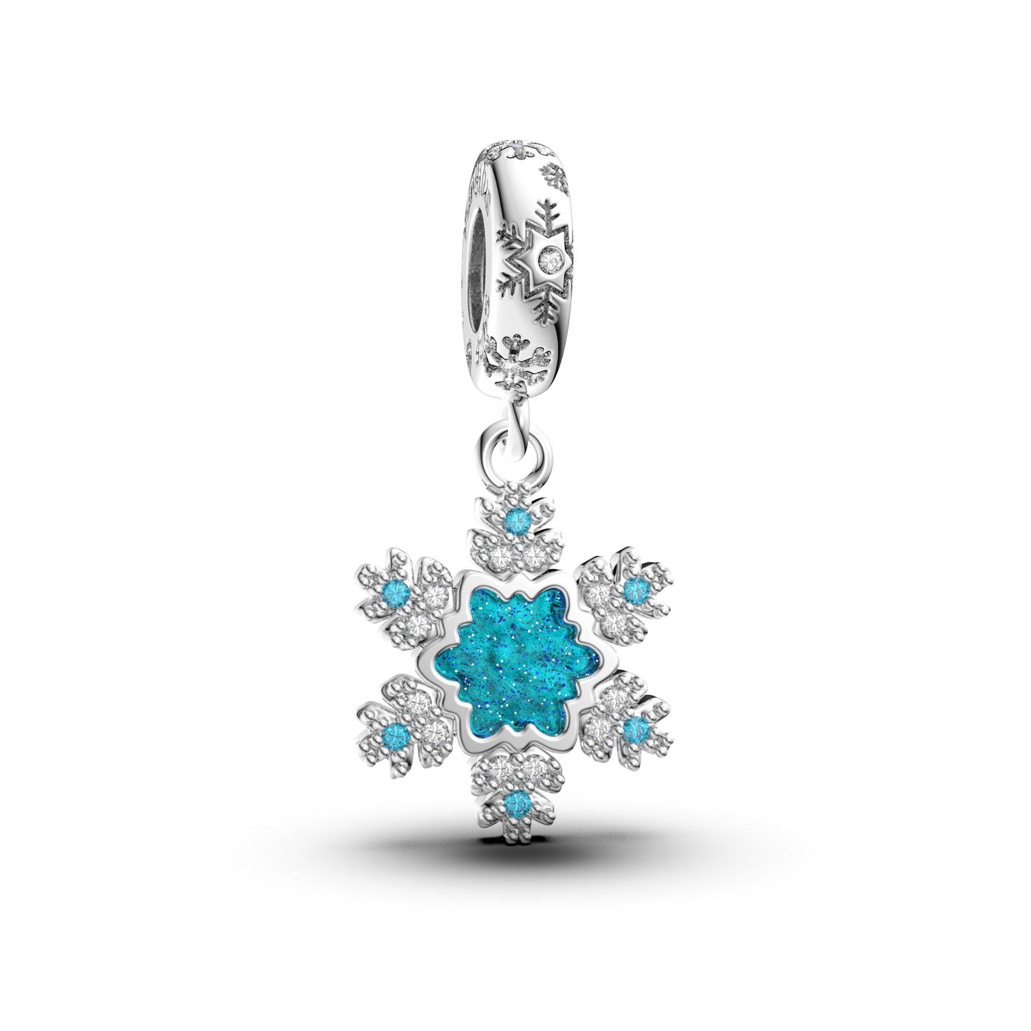 925 Silver Blue Glitter Snowflake Dangle Charms Original Bracelet & Necklace Cubic Zirconia Paved Winter Jewelry Gift