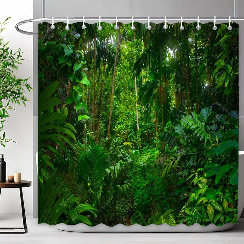 Outdoor Scenic Forest Shower Curtain With Hooks Green Plant Tree Waterfall Landscape Waterproof Shower Curtains Bathroom Decor
