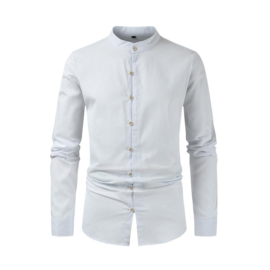 Men's Casual Fashion Long Sleeve Shirt Men's Solid Color Cotton Linen Stand Collar Button Long Sleeve Shirt
