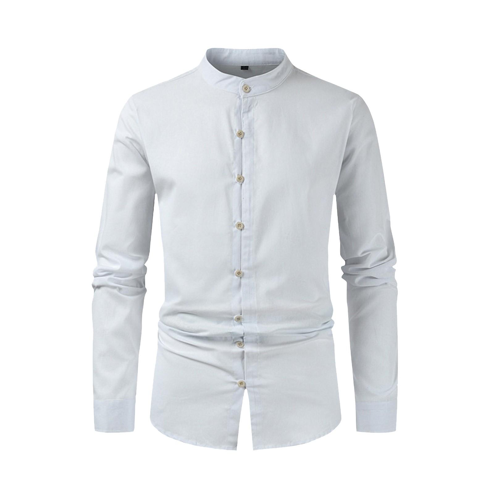 

Мужская повседневная модная рубашка с длинным рукавом, однотонная рубашка из хлопка и льна с воротником-стойкой и пуговицами L белый