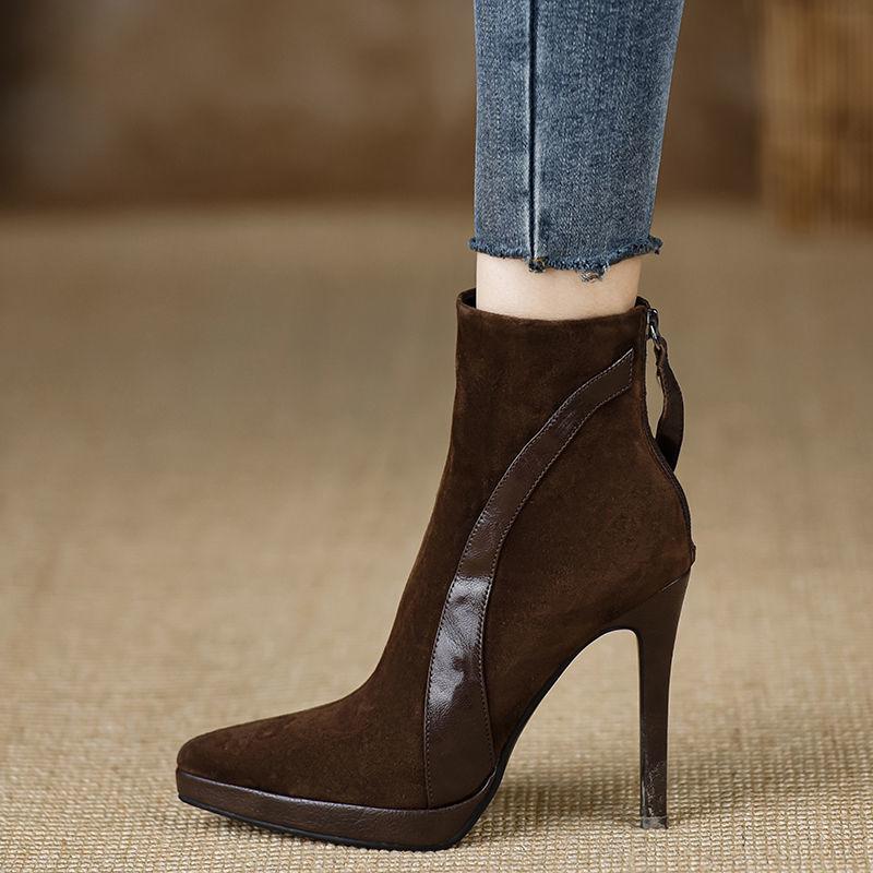 Handmade women's shoes autumn pointed 2025 autumn and winter new short boots women's high heels thin heel zipper brown women's boots