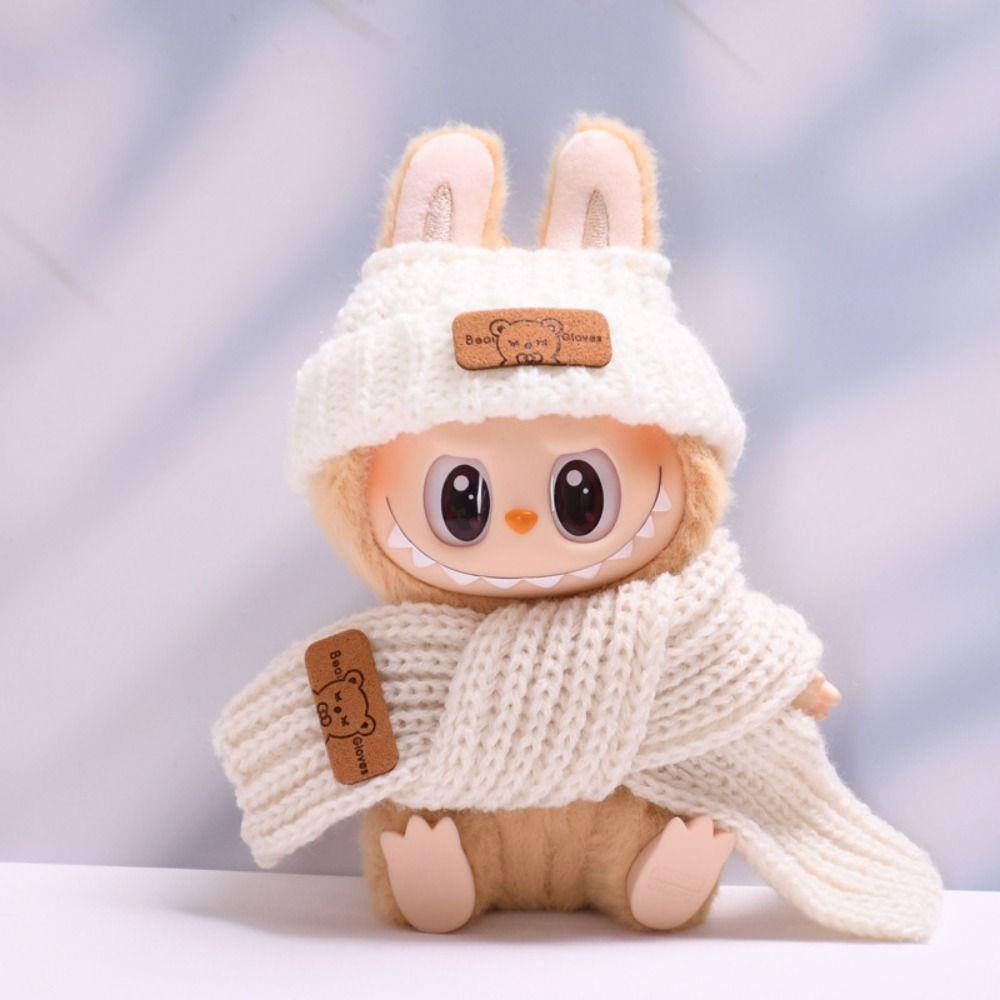 

Winter Suit Set Sitting Labubu Time Cloth Wool Hat 17cm Plush Dolls Clothes Children Gift бежевий