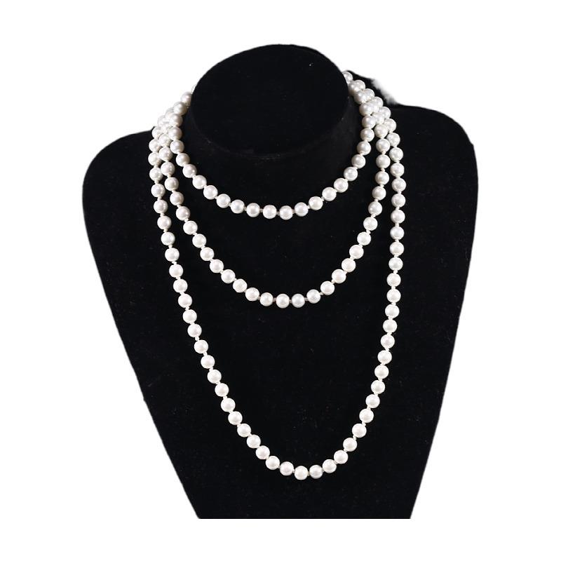 8Mm glass imitation pearl necklace women's simple knotted multi-layer long sweater chain clothing accessories