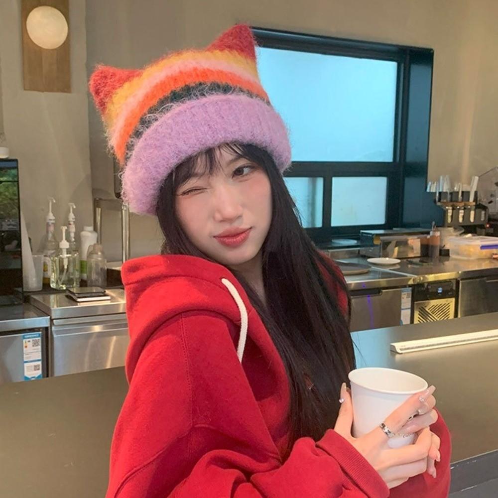 Rainbow Cat Ears Pullover Hat Gradient Woolen Knitted Hat Cute Striped Bucket Hat  Autumn Winter