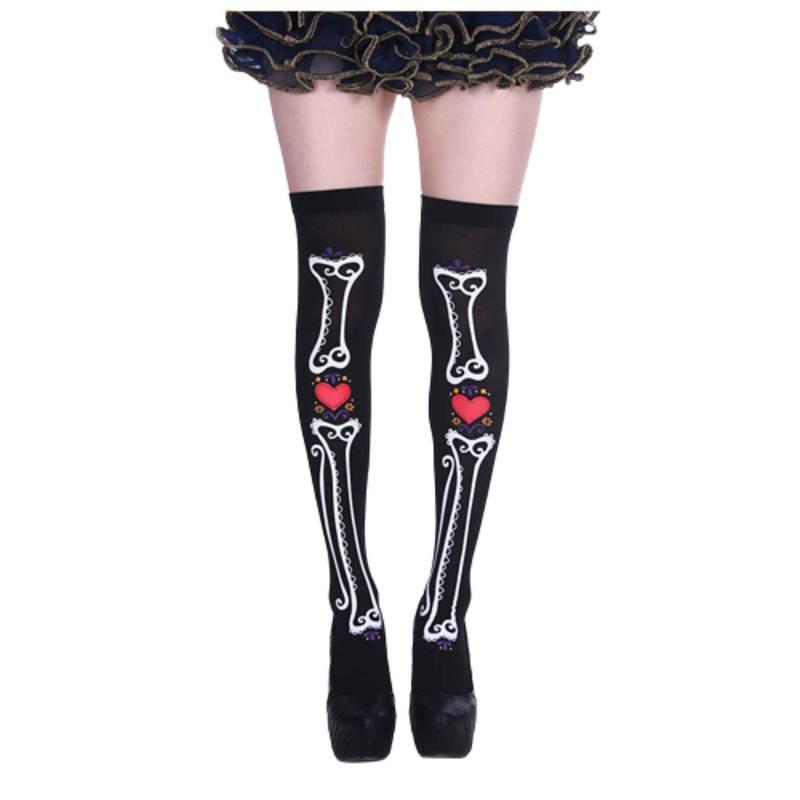 Skeleton Halloween Silk Stockings Woman Black Knee High Socks Ghost Props House