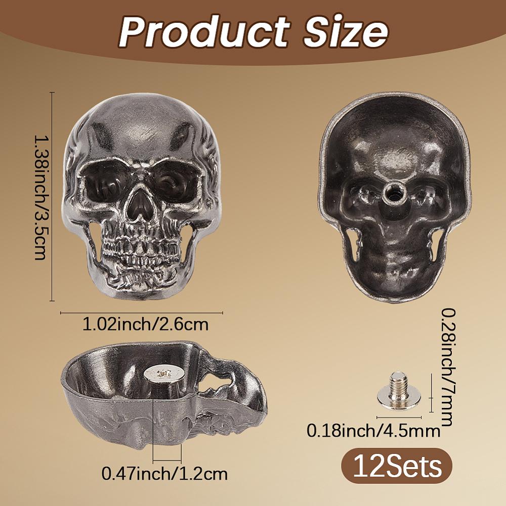 12 Bags Alloy Decorative Rivets, with Screw, for Purse, Bags, Leather Crafts Decoration, Skull Pattern, Antique Silver, 35x26x12mm, Hole: 2.5mm