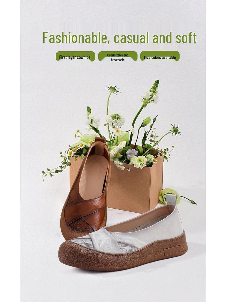 Spring Cowhide Low-Cut Soft Sole Round Toe Retro Women's Casual Shoes