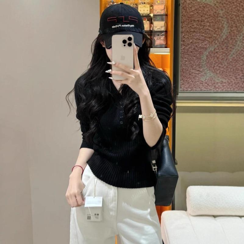 Spring new collar temperament simple versatile wool knitted sweater women's clothing slim-fitting and thin top