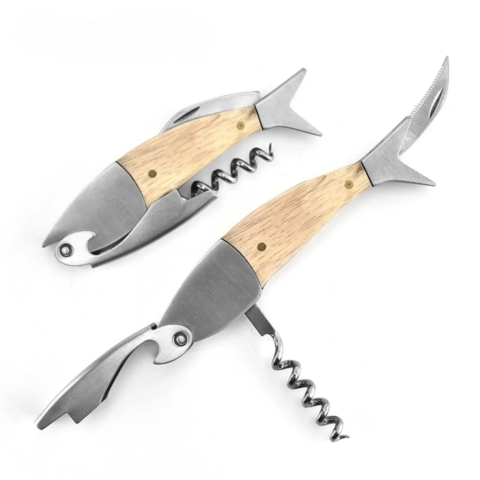 

Fish Corkscrew Fishes Design Wine Key Opener Wooden and Stainless Steel Novelty Kitchen Tool with Cork Screwdriver Knife