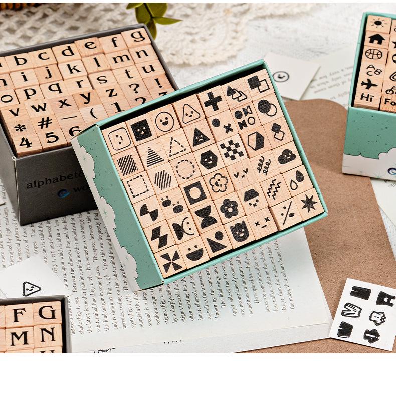 42-Piece Beech Wood Stamp Set: Numbers, Letters, Shapes & Emoticons.
