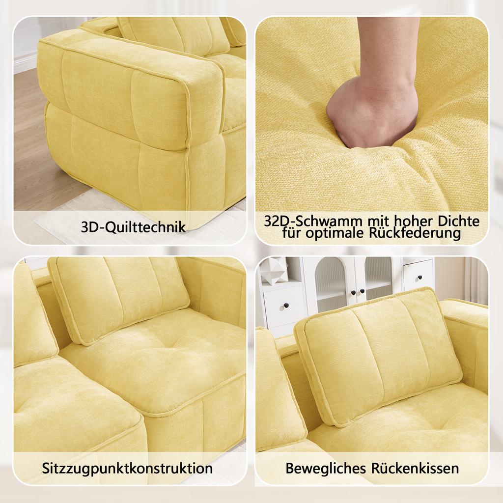 L-shaped two-seater sofa without frame with ottoman, 32D high-density foam, deep seat, skin-friendly fabric, non-slip, for living room, Yellow.