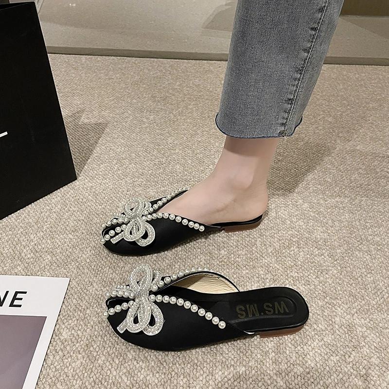 Women's Fashion Slippers Summer Fish Mouth Pearl Flat Bow Rhinestone Outer Half Baotou Sandals Comfortable Soft Sole Women Shoes
