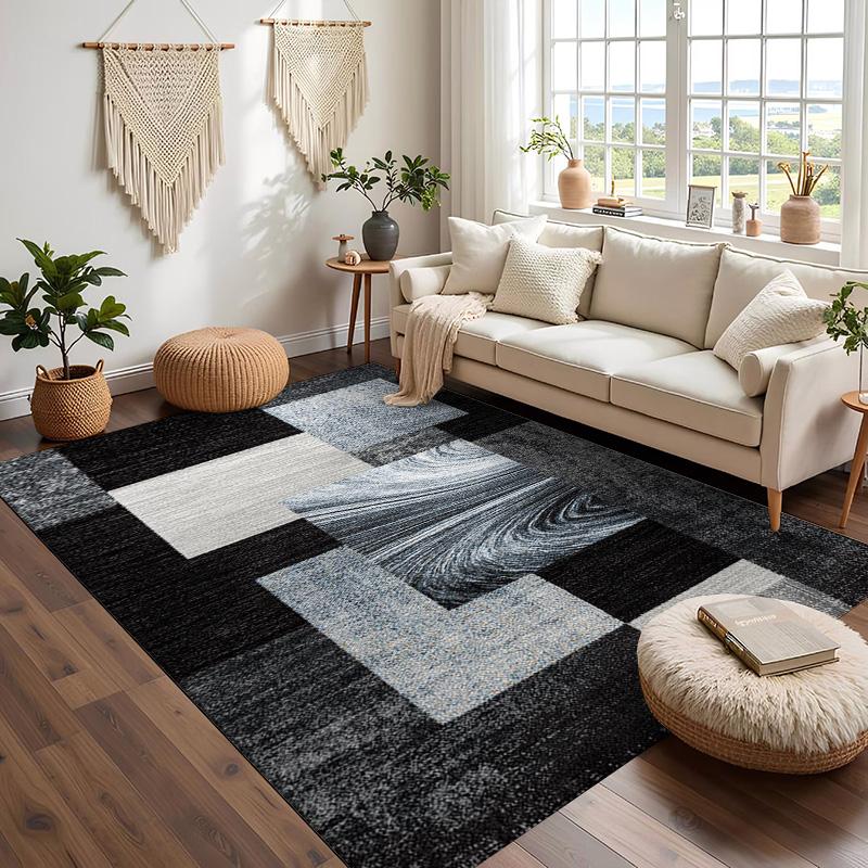 RAKKS Modern Geometric Area Rug Soft Black Gray Abstract Grid Office Living Room Sofa Floor Mat Study Game Carpet Home Decor