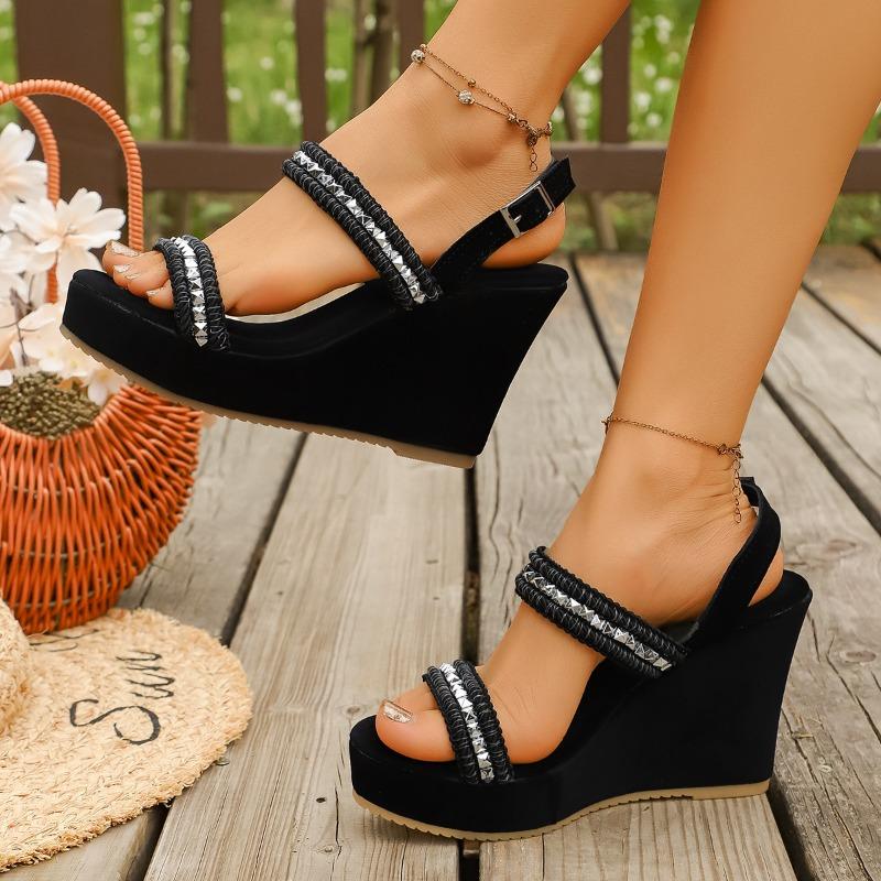 Große Größe High Heels Sandalen Damen Neue Mode Strass Open-Toe Ein-Riemen Schnalle Keilabsatz Sandalen