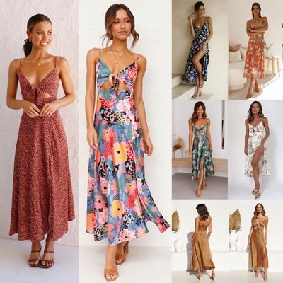 Rochie de vară casual cu bretele subțiri, fără mâneci, cu imprimeu floral de primăvară pentru femei, croială slim, decolteu în V, linie A, fără spate, talie înaltă, fără bretele, rochii lungi S-XL