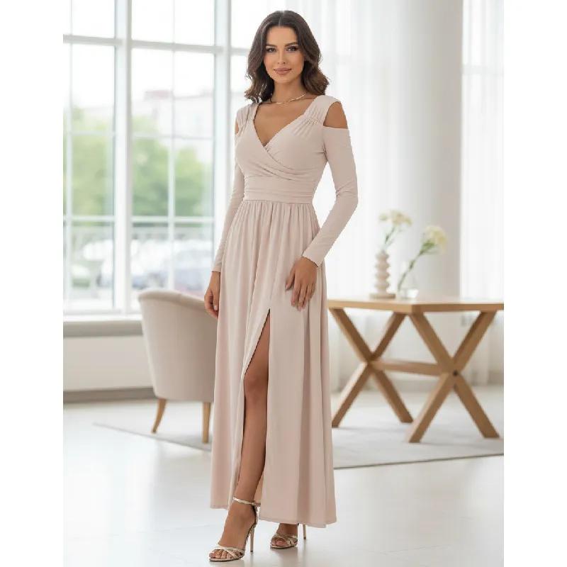 Dámské jednobarevné společenské víceúčelové šaty s dlouhým rukávem a výstřihem do V s dlouhým rozparkem