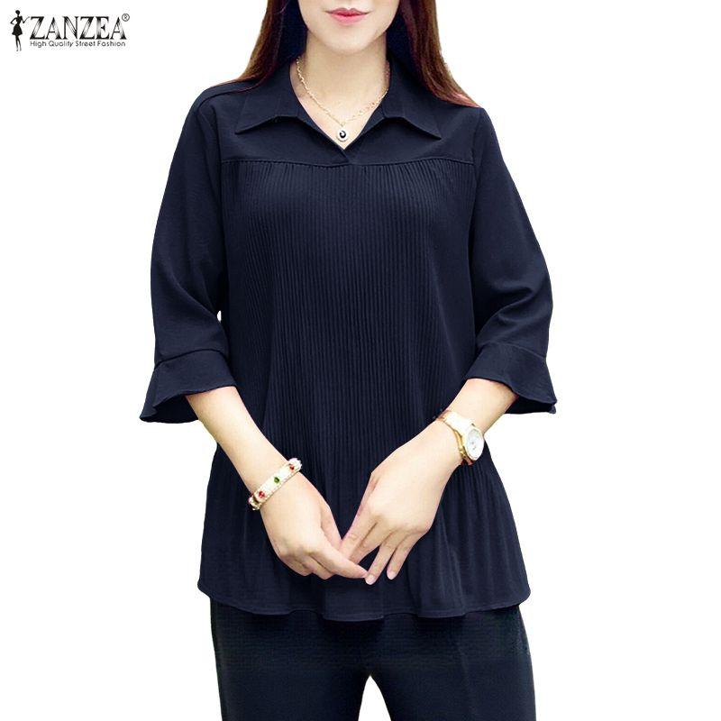 ZANZEA Damen Casual Umlegekragen 3/4 Ärmel Lockere Bluse