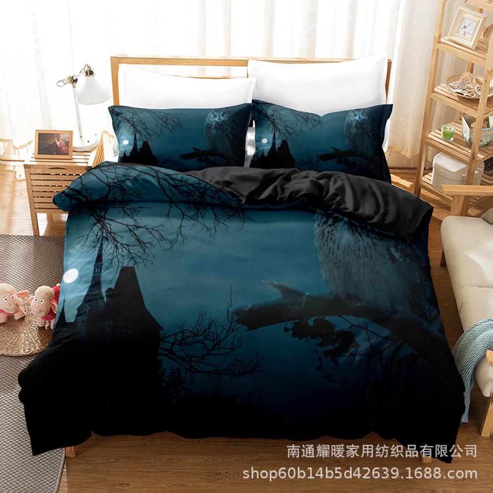3D Digital Printing Bedding Four-Piece Set Three-Piece Set Owl Black Bed Sheet Quilt Pillow