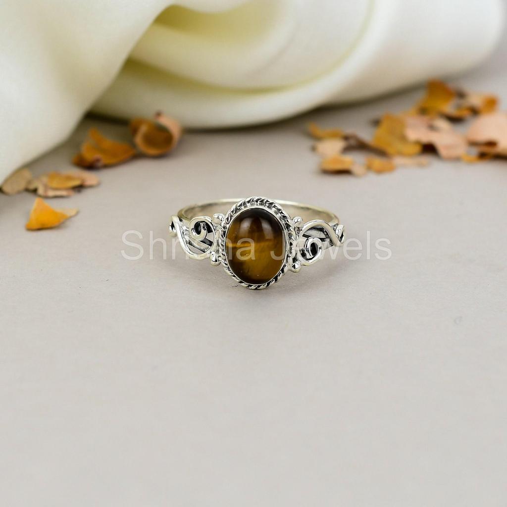925 Sterling Silver Tiger Eye Gemstone Oval Shape Brown Ring For Women