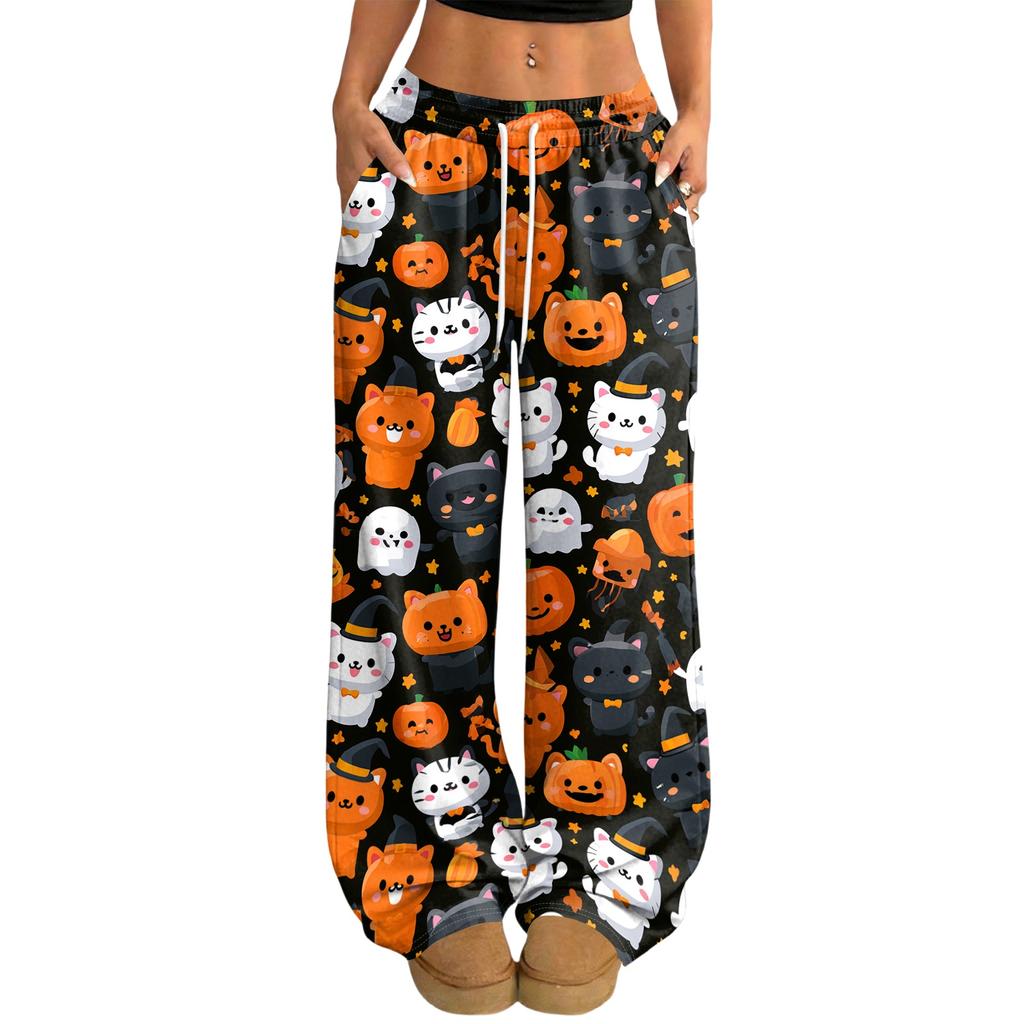 Women's Halloween Print Loose Fit Drawstring Waist Wide Leg Pants for Casual Daily Wear