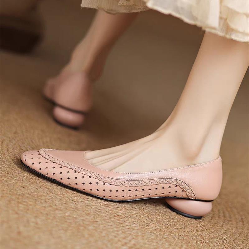2025 summer French square head hollow breathable thick heel shallow mouth single shoes women's middle heel bag head sandals soft leather hole shoes