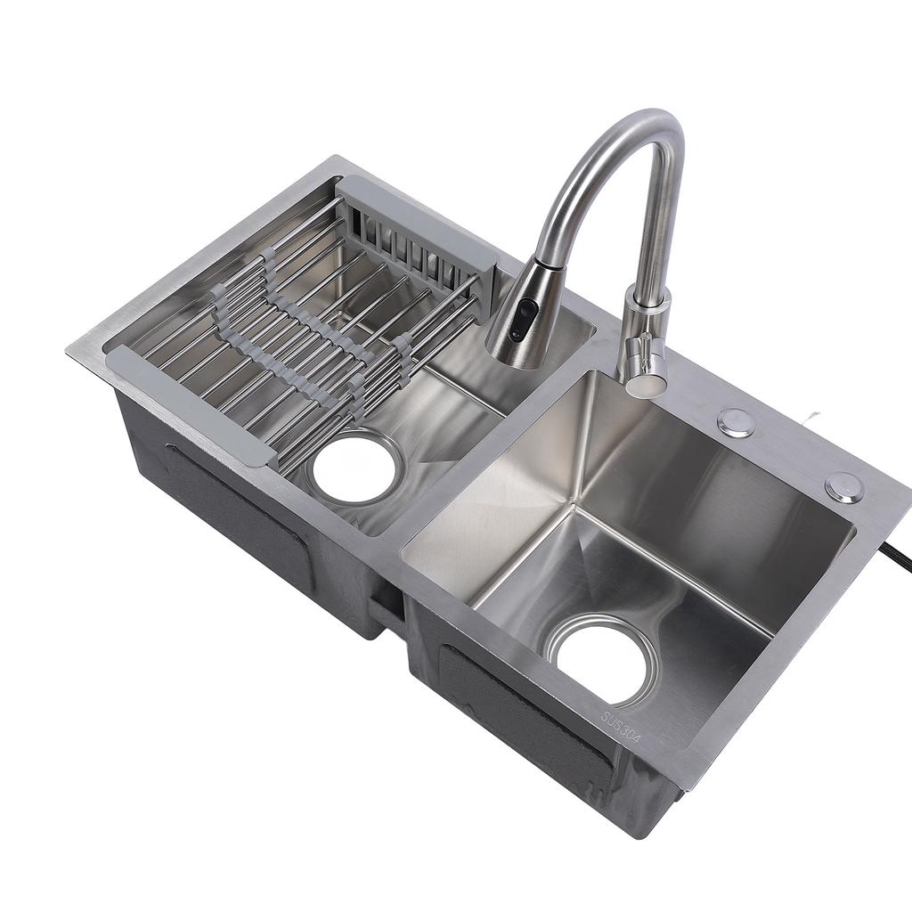 Drop in Kitchen Sink Kit 304 Stainless Steel Pull Out Faucet 3 Hole Double Bowl Sink with Drain