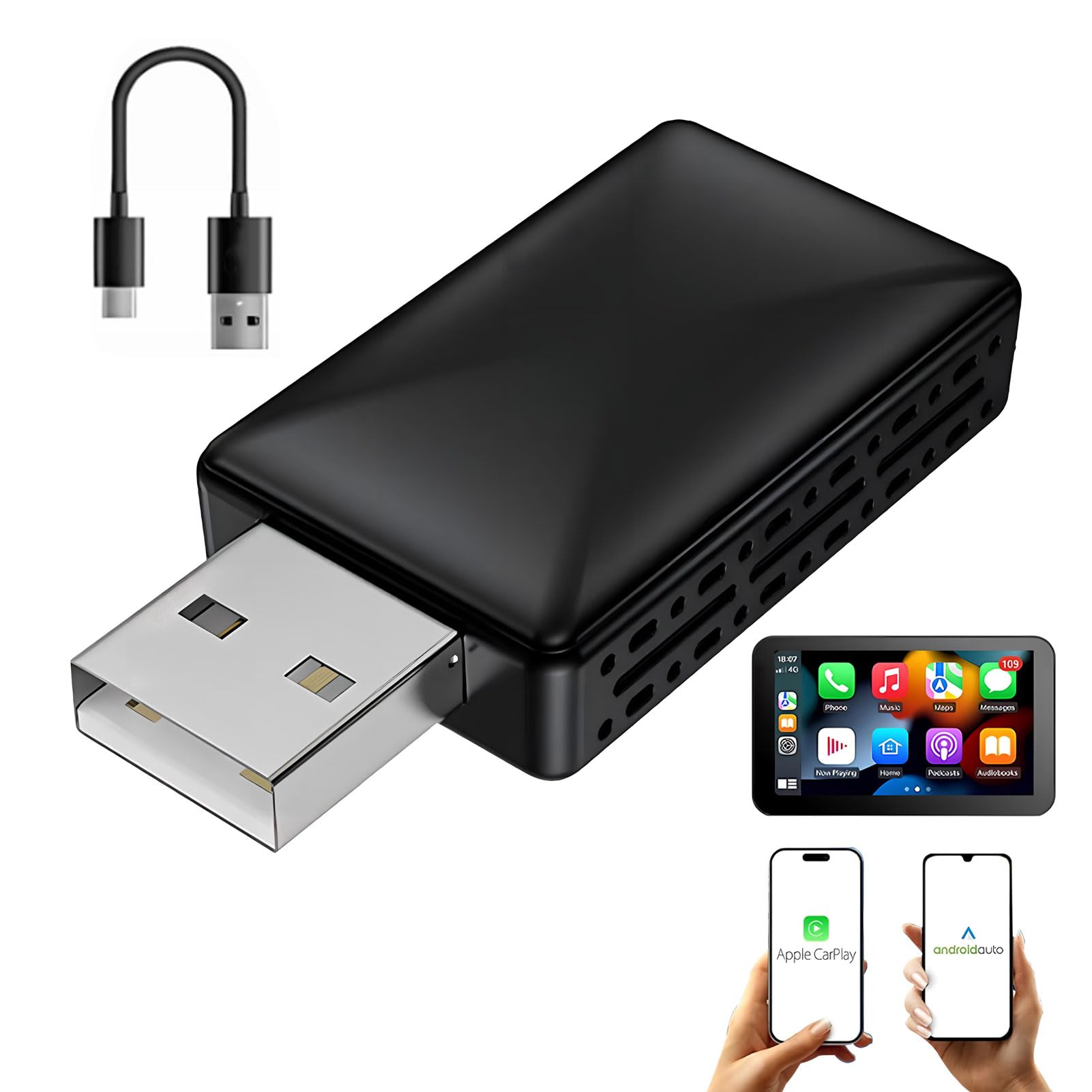 

Адаптер CarPlay, Беспроводной, Адаптер Android Auto, Автоматическое подключение, Для автомобилей с оригинальным проводным CarPlay/Android