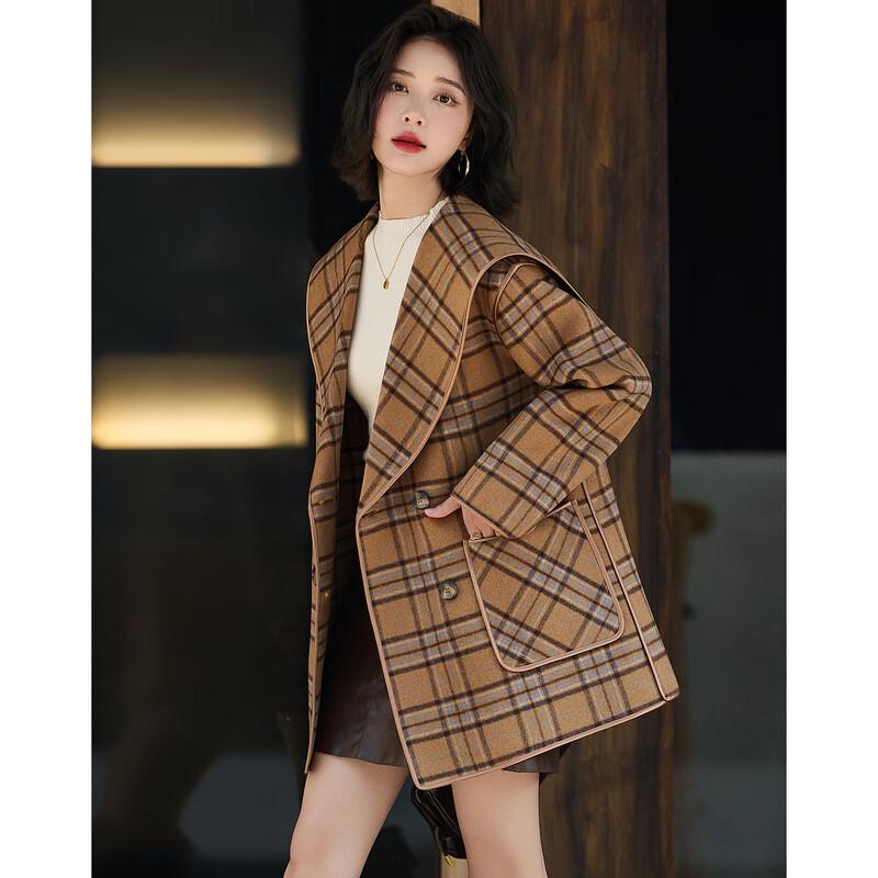 Demana Sweet Lapel Double-Breasted Plaid Winter Coat