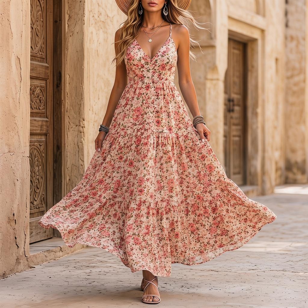Damen Freizeit Maxikleid mit Blumendruck und Spaghettiträgern Leicht Ärmellos Strandurlaub Langes Sommerkleid Lockerer Schnitt Sommerkleid