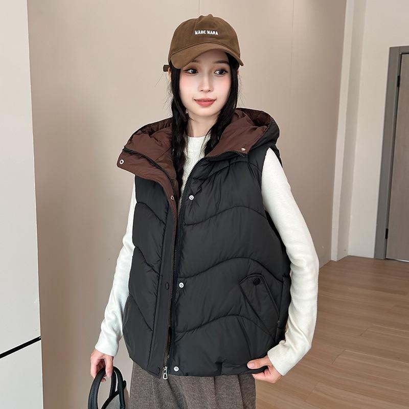 Women's winter hooded down cotton vest sleeveless cotton jacket vest warm loose casual cotton vest batch