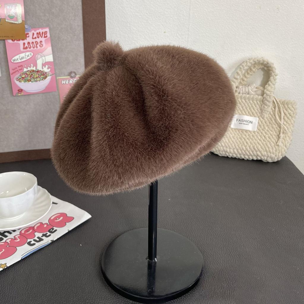 Women Fluffy Fur Beret Cap Solid Color Plush Warm Octagonal Hat For Lady Female Casual Anti-Cold Mink Velvet Pumpkin Hats