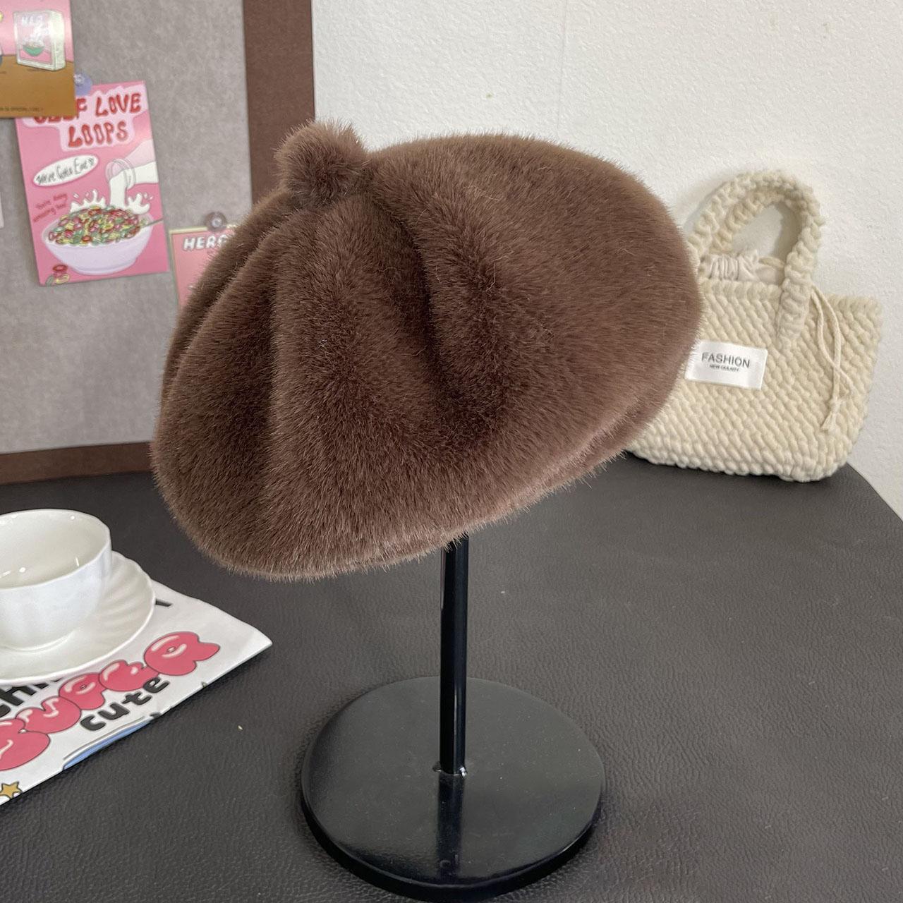 Pumpkin Velvet Mink Anti-Cold Casual Female Lady For Hat Octagonal Warm Plush Color Plain Color Solid Cap Beret Fur Fluffy Women Hats