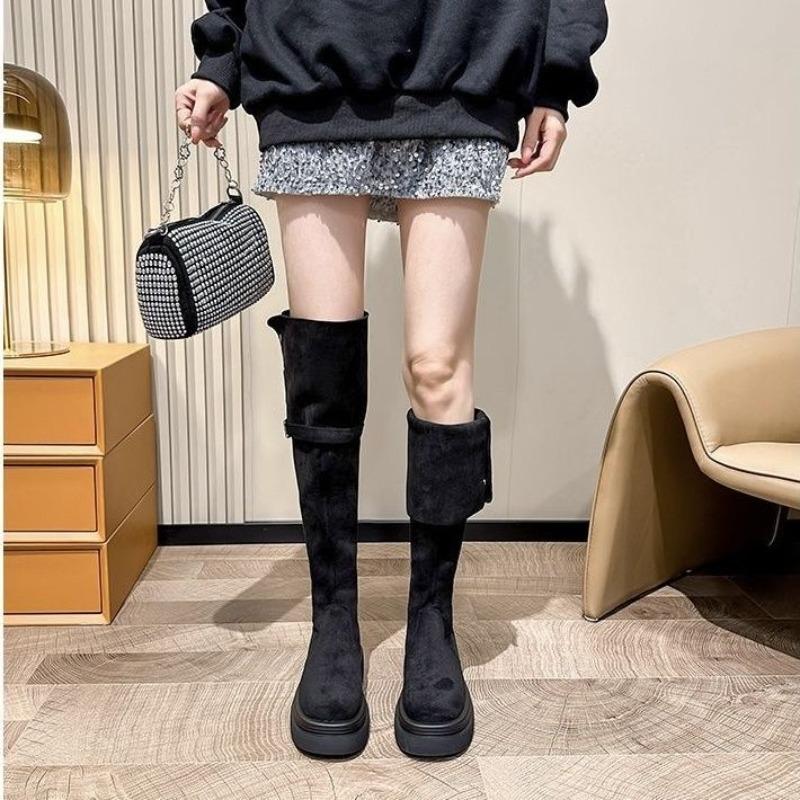 Knee Folded Long Tube Two Wear Thick Heel Boots Children Autumn and Winter New Thick-soled Thin Boots Knight Boots Women