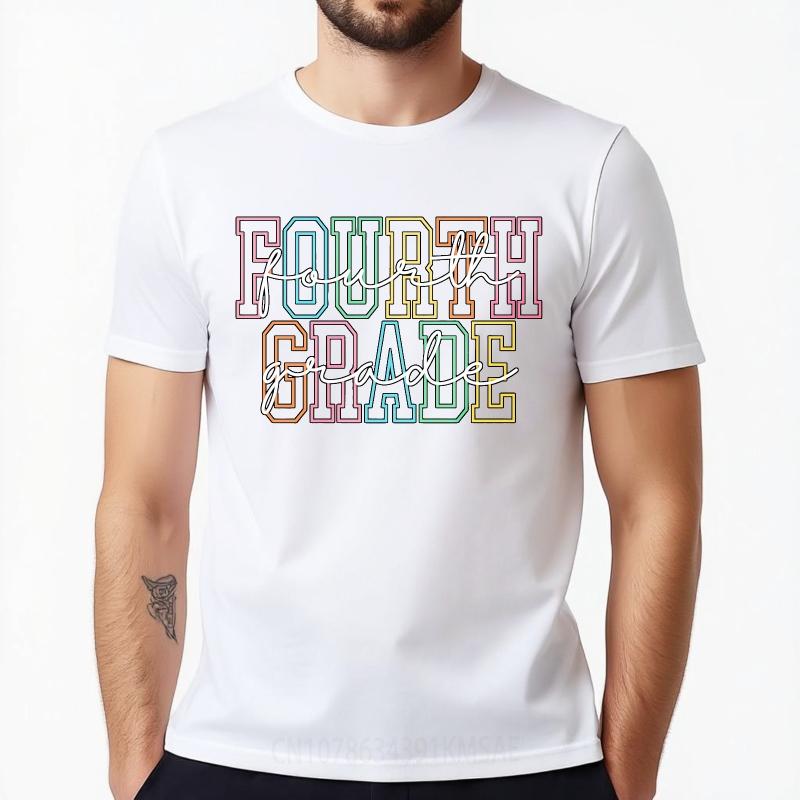 Men Cotton Tshirt Plus Size Summer Unisex T Shirt Fourth Grade Rainbow Outline Text Short Sleeve Printed O Neck Top Tees