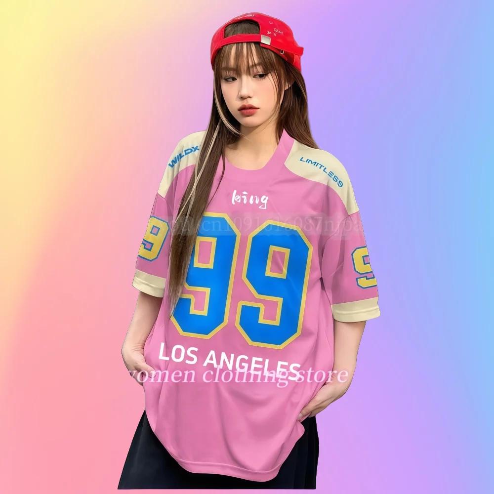 Women's No.99 Printed Round Neck T-shirt Summer Pattern T-shirt Baseball Jacket Sports T-shirt Women's