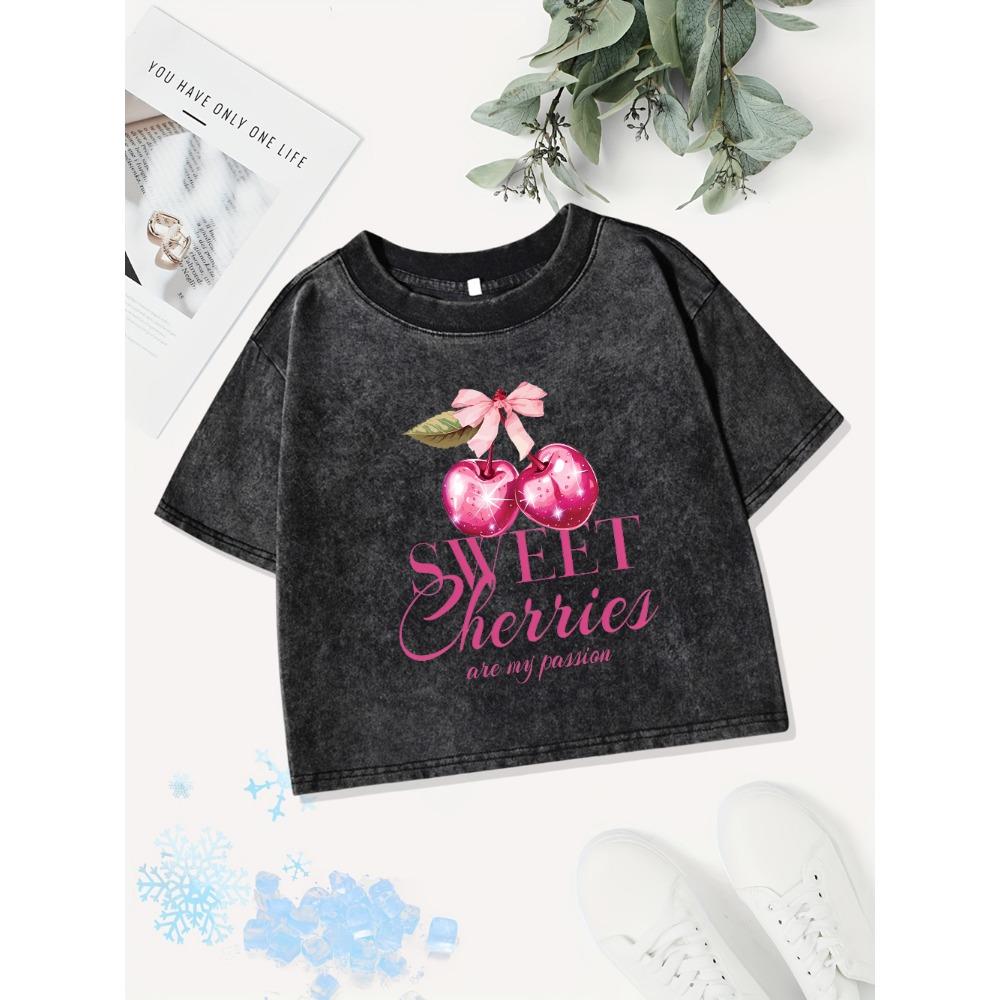 Summer Cotton Crop Tops Women Sweet Cherry Prints Washed T-Shirt Distressed Regular Fit O-Neck Streetwear Clothes