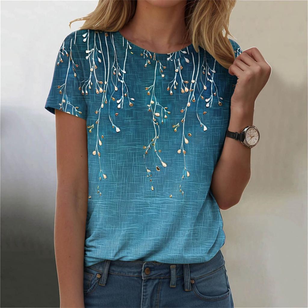 Summer Round Neck Floral Pattern 3D Print Top Fashionable Casual Short Sleeved Women's T-shirts