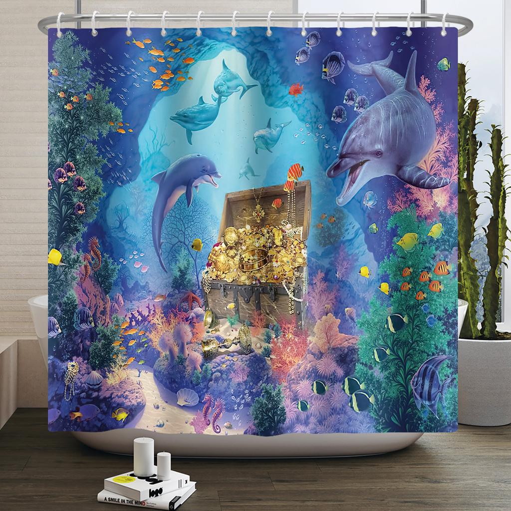 Underwater World Ocean Shower Curtain for Bathroom Seabed Animals Sea Turtle Dolphin Fish Waterproof Bathroom Curtain With Hooks