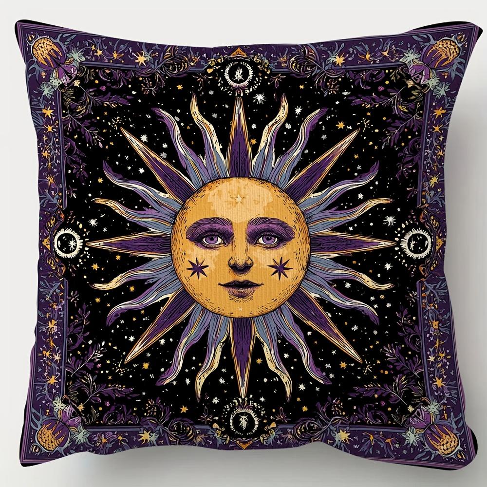 1Pc Mystic Sun Moon Stars Pillow Cover, Polyester 2D Double Sided Print Cushion Case, Celestial Sun Face Throw Pillowcase, Magic