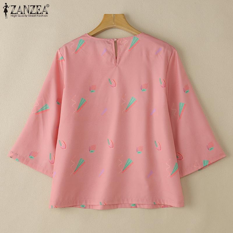 ZANZEA Women Casual O-neck 3/4 Sleeve Loose Print Blouse