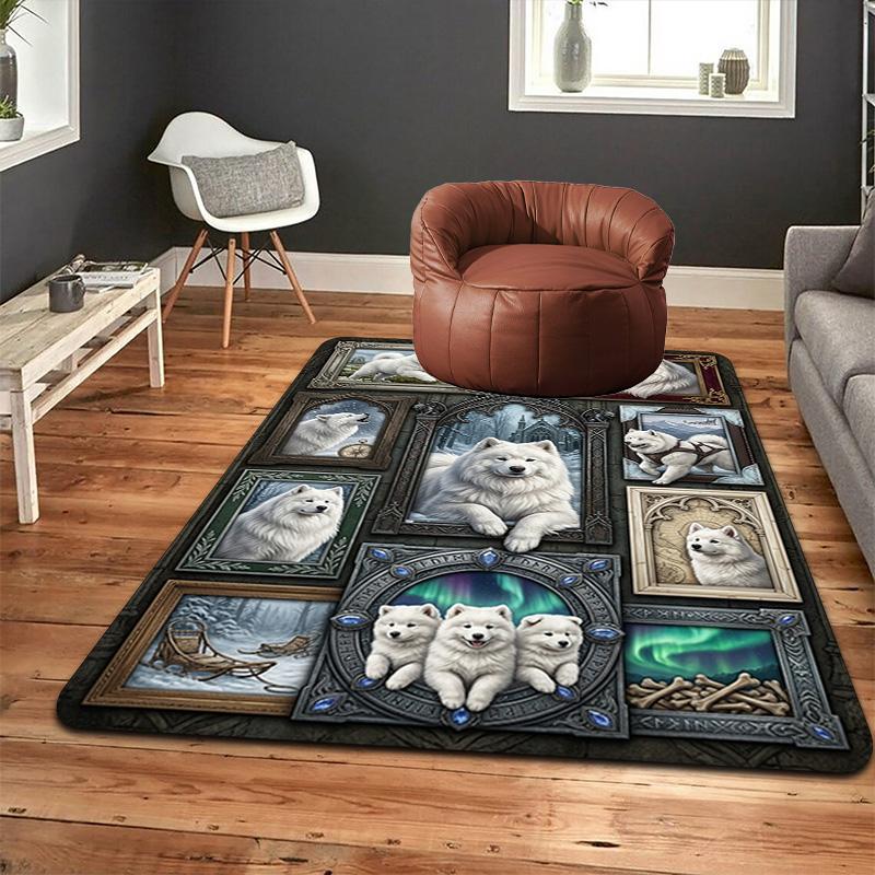 White Canine Portraits Pattern Rug Floor Mat for Living Room or Bedroom Soft and Comfortable Carpet a Gift for Birthday and Holiday.