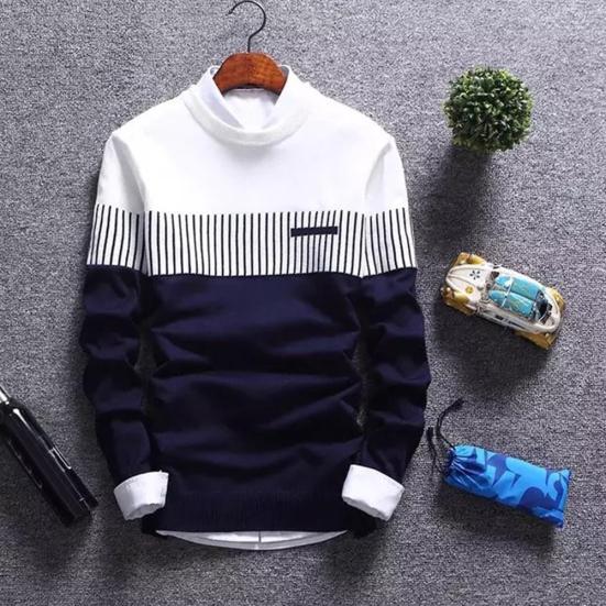 Herren Color Block Streifen Rundhals Langarm Schlank Gestrickter Pullover Pullover Oberteil