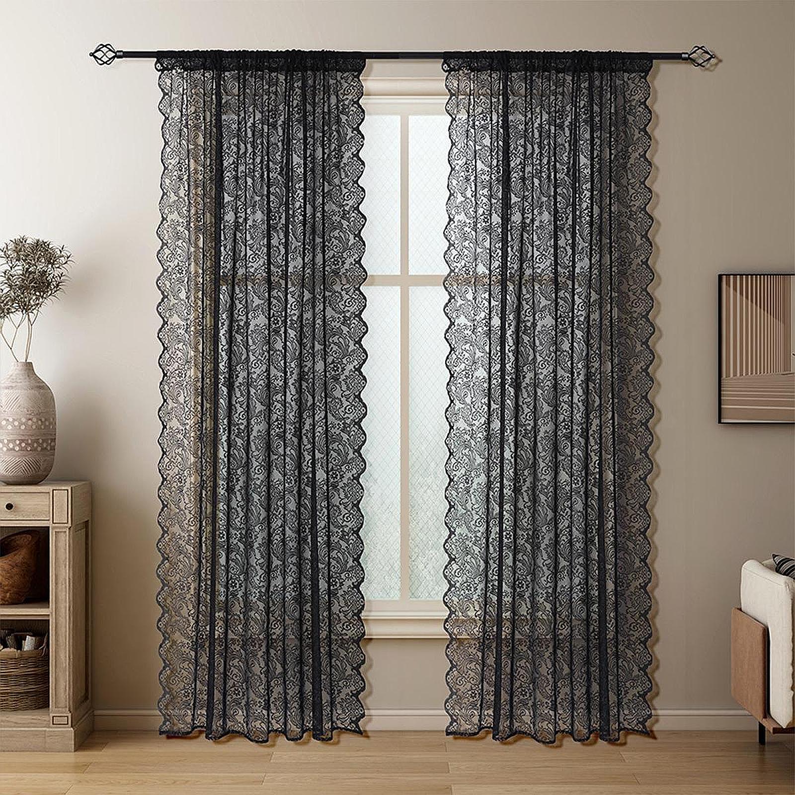 

Lace Sheer Curtain Floral Curtain Sunscreen Soft Dustproof Curtain Washable Decorative Tear Resistant for Bedrooms/Living Room чорний