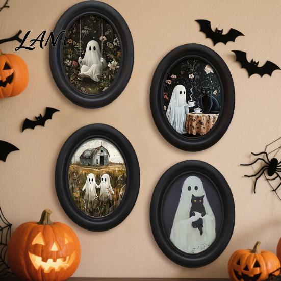 Ghost Oil Painting Print Halloween Wall Art, Cute Table Sign, Vintage Oval Framed Decor Picture, Decorative Art for Mantel Living Room Bedroom