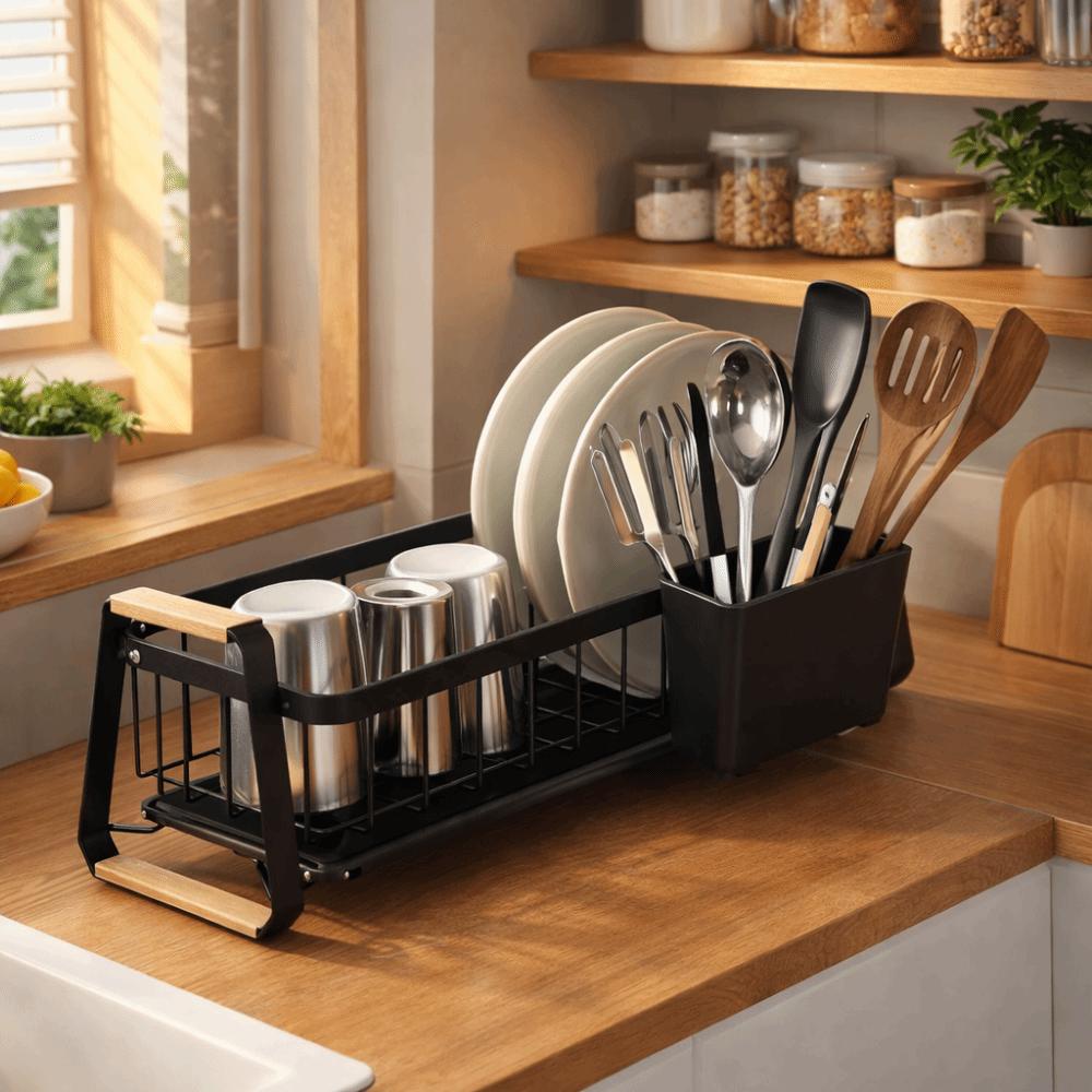 Large Capacity Kitchen Dish Rack Wooden Handle Kitchen Organizer Tableware Storage Rack Apartment