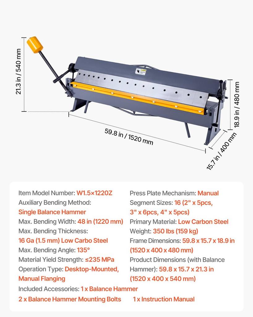 Box and Pan Brake, 1220 mm/48 inch Sheet Metal Bending Brake,16-Gauge Mild Steel Capacity, 0-135 Degree Adjustable, Metal Bender Machine with 16