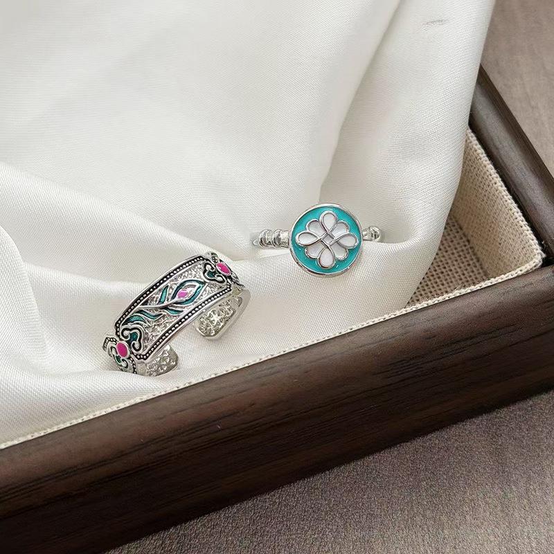 Ethnic Style Retro Enamel Phoenix Feather Open Ring Niche Design Key High-End Sense Stacking Wearing Index Finger Ring Woman