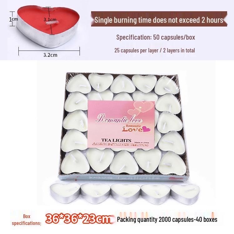 50pcs Box of Romantic Aluminum Shell Tea Candles - Creative Birthday Love Design, White Wax for Weddings & Hotels