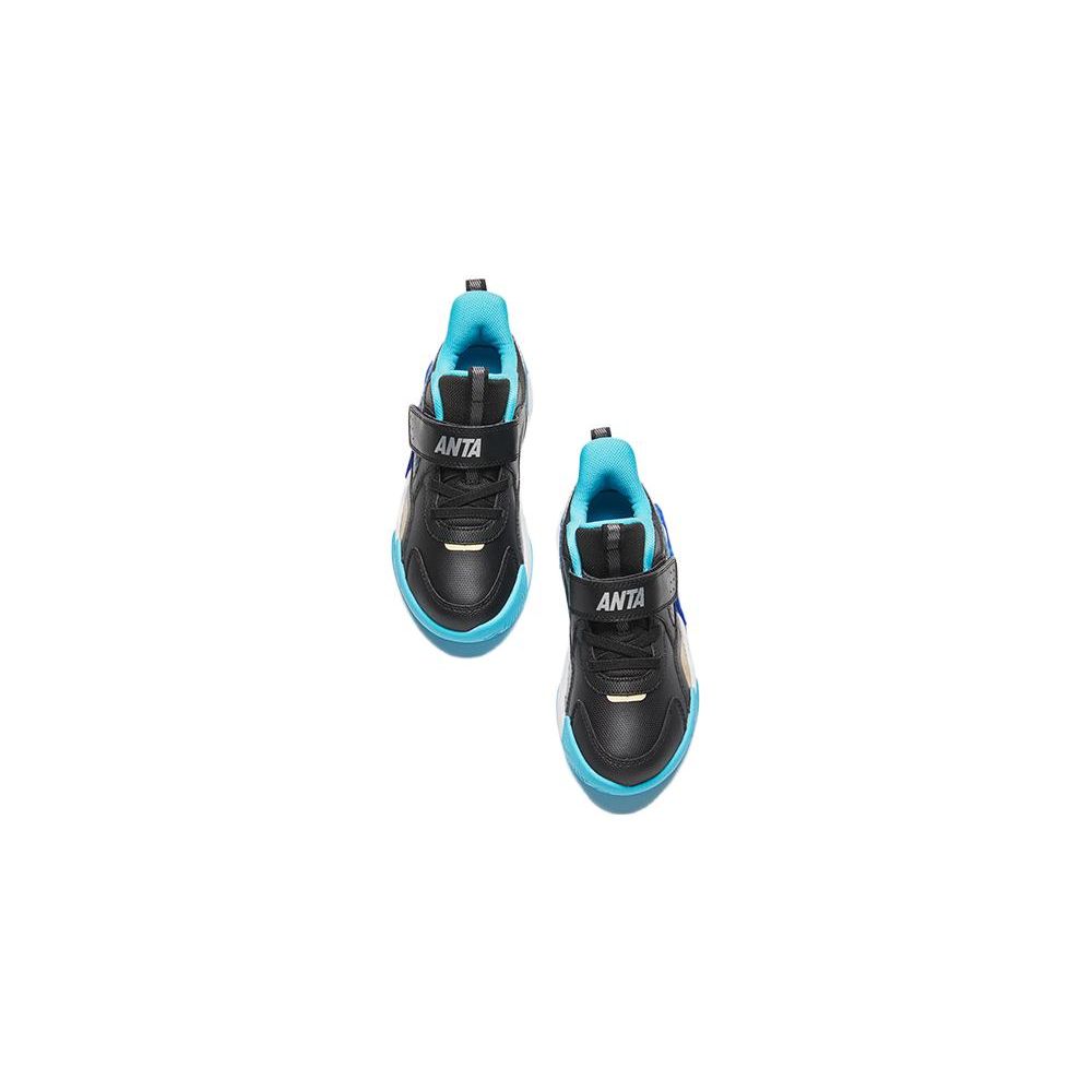 Anta Kids Shock Absorption Low Top Basketball Shoes Kids Sneaker Black Blue Silver 312349956-2